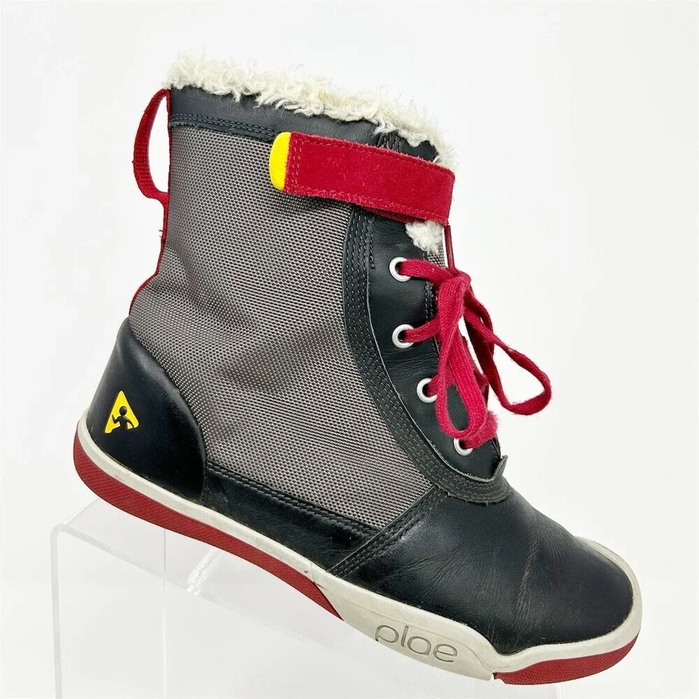 PLAE Noel Winter Snow Boots Unisex Kids Black Red Waterproof Faux Fur Size 4.5